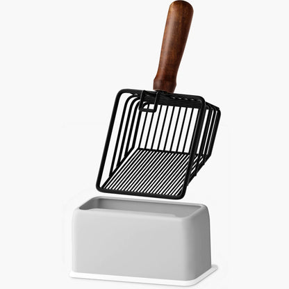 Morrean Metal Cat Litter Scoop with Holder Stainless Steel Litter Scooper Kitty Poop Scooper with Wooden Handle Fast Sifting & Fine Sifting Heavy Duty Deep Shovel - Black with Gray Holder