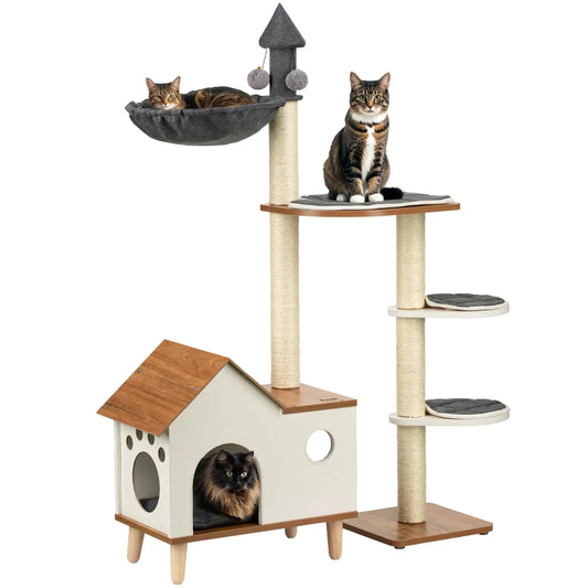 Happy & Polly Modern Cat Tree for Indoor Cats - 45" Wooden Cat Tower with Sisal Scratching Posts Cat House Removable Pads Multi-Level Cat Tower Activity Center for Small Large Cats