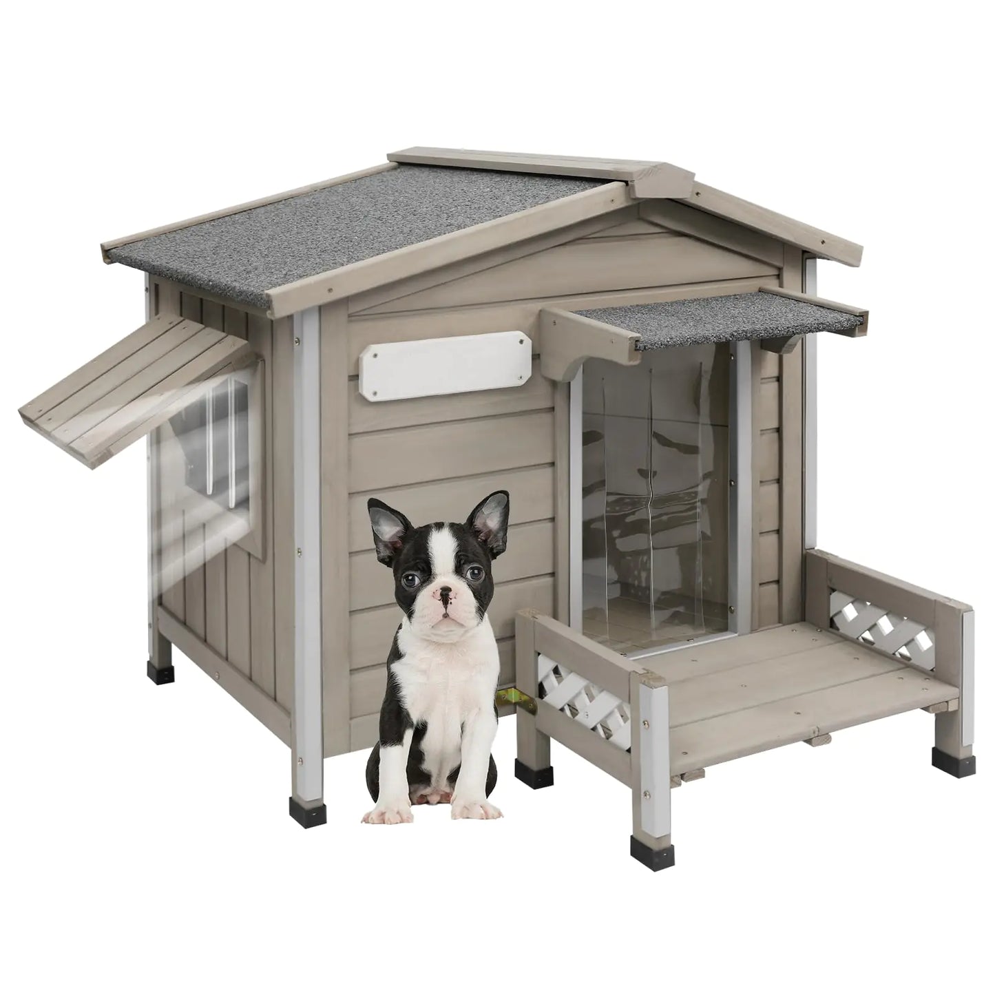 Ketive 34" L Outdoor Dog House with Porch Removable Floor Raised Feet Anti-Chewing Iron Frame – Weatherproof Wooden Dog Kennel for Indoor/Outdoor Use Ideal for Small to Medium Dogs