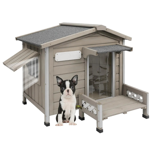 Ketive 34" L Outdoor Dog House with Porch Removable Floor Raised Feet Anti-Chewing Iron Frame – Weatherproof Wooden Dog Kennel for Indoor/Outdoor Use Ideal for Small to Medium Dogs
