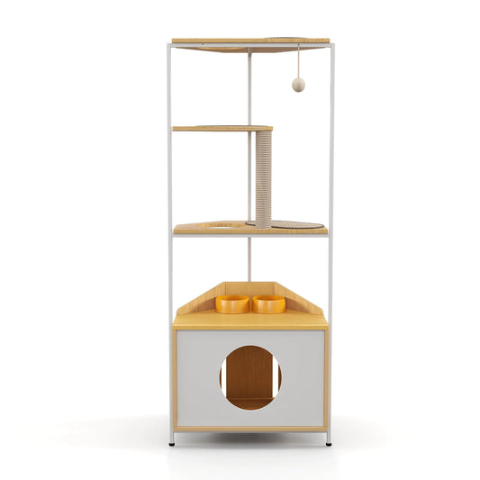 Corner Cat Tower Cat Tree with Scratching Post Cat Condo with Feeding Station and Climbing Platforms Pet Furniture for Indoor Cats