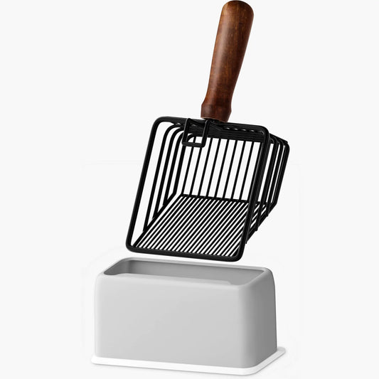Morrean Metal Cat Litter Scoop with Holder Stainless Steel Litter Scooper Kitty Poop Scooper with Wooden Handle Fast Sifting & Fine Sifting Heavy Duty Deep Shovel - Black with Gray Holder